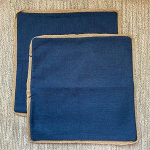 Two handmade square throw pillow covers, denim blue with glitter burlap trim
